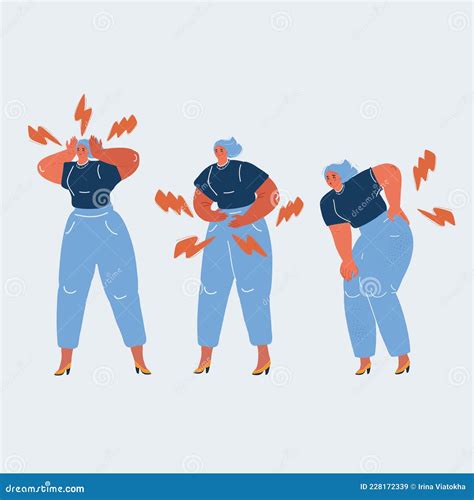 Vector Illustration Of Woman With Body Pain In Different Part Head
