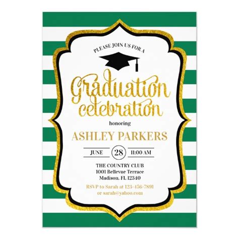 Graduation Green Gold White Invitation