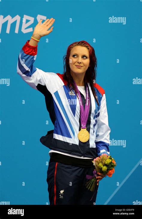 Great Britains Jessica Jane Applegate On The Podium With Her Gold Medal After The Womens 200m