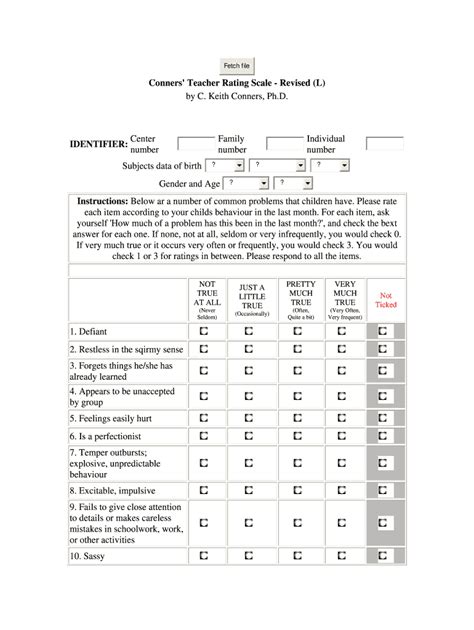 Free Printable Conners Rating Scale For Teachers
