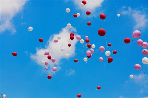 Many Released Flying Balloons In Blue Sky Stock Photo Image Of