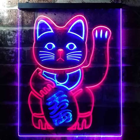 Maneki Neko Lucky Cat Welcome Japan Dual Color Led Neon Sign Etsy
