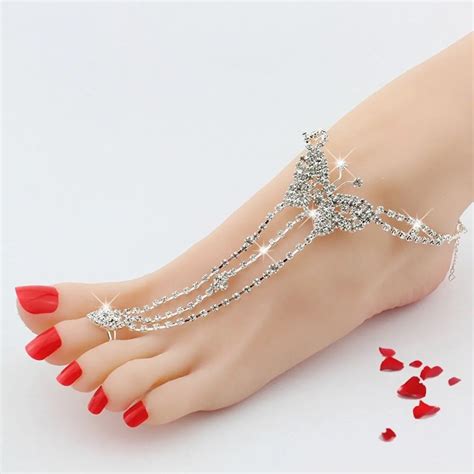 Women Charming Crystal Rhinestone Butterfly Anklet With Toe Ring Foot Chain Barefoot Summer