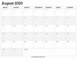 Printable Calendar August 2020 With Holidays