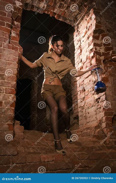 Brunette With A Lantern Search Treasure Stock Image Image Of