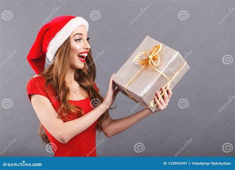 Excited Christmas Woman Wearing Santa Hat Surprised Of A T Stock Image Image Of Background