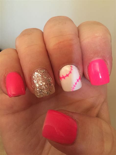 Pink Softball Nails With Glitter Nails For Kids Kids Nail Designs