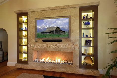 A television is a necessary fixture in many living rooms. Marble Fireplace/TV wall with Wenge custom frosted glass ...