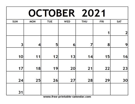 October Calendar 2021 Month Calendar Printable