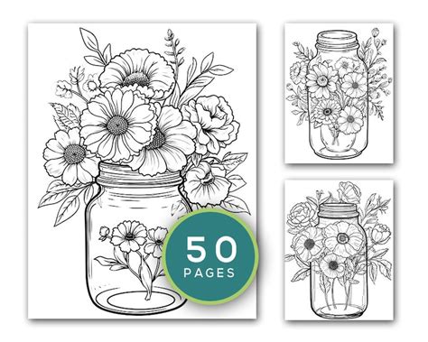 Floral In Jar Coloring Pages For Adults Page Coloring Etsy