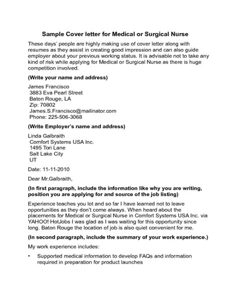 Take a look at our example resume professionally crafted with the most in demand job objective seeking work as a medical surgical nurse in a hospital in order to bring my years of experience in the field to the doctors and hospital. Medical or Surgical Nurse Cover Letter Sample - Edit, Fill, Sign Online | Handypdf