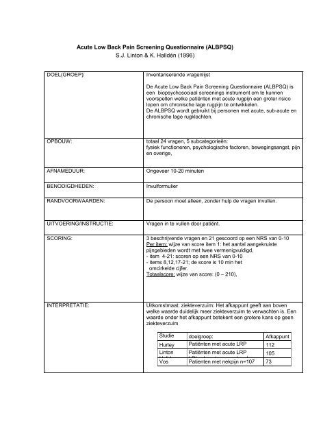 Acute Low Back Pain Screening Questionnaire Corpus Mentis