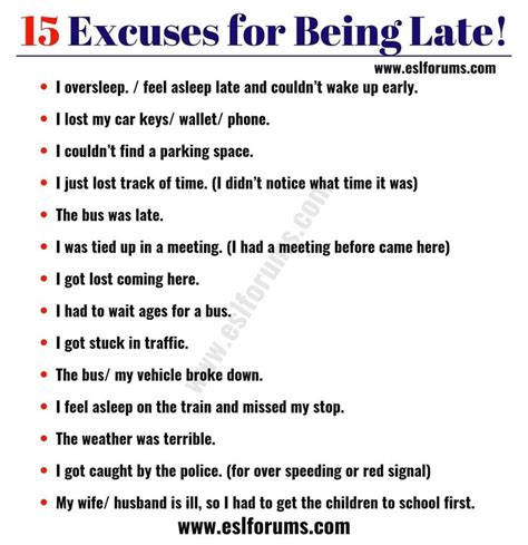15 best excuses for being late you might need esl forums learn english words words to use