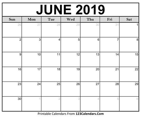 Calendar Printable June 2019 Blank Calendar Printable