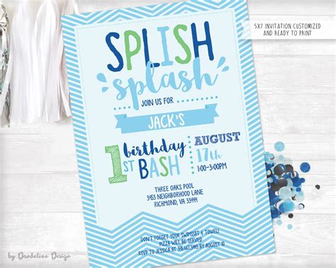 splish splash birthday bash pool party invitation printable etsy