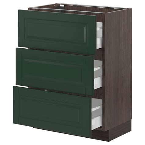 SEKTION / MAXIMERA Base cabinet with 3 drawers, brown, Bodbyn dark green, 24x15x30