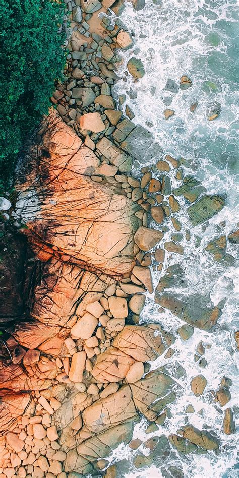 Download Rocks Seashore Coast Beach Aerial View 1080x2160 Wallpaper