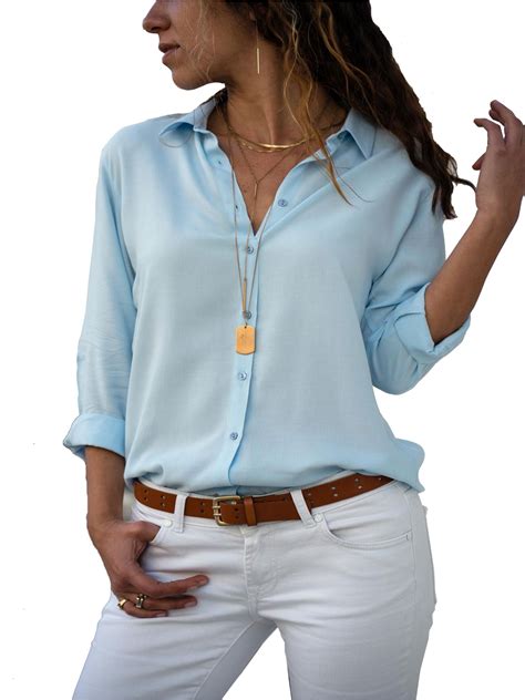 Long Sleeve T Shirt For Women Casual Turn Down Collar T Shirt Button Front Shirt Oversize Tops