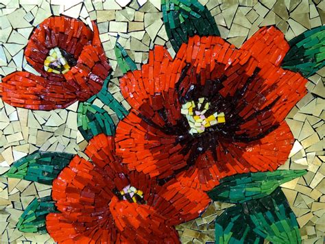 Mosaic Red Flowers Wall Art With 24k Gold By Liveinmosaics On Etsy