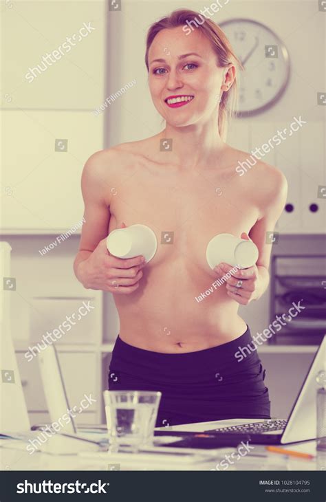 Portrait Naked Girl Joking Cups Office Stock Photo