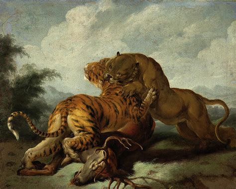 Tiger And Lioness Fighting For Prey Painting By Karl Andreas Ruthart