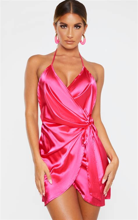 Hot Pink Satin Halterneck Wrap Bodycon Dress Prettylittlething
