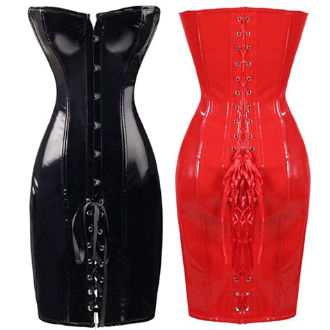 2020 lace up faux leather corset dress wetlook pvc steampunk gothic strapless bustier dress