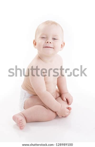 Smiling Babyboy Diaper Sitting On Floor Stock Photo 128989100