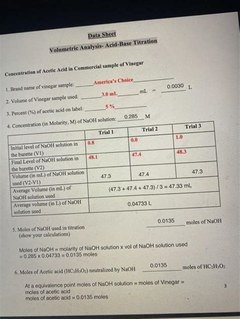Solved Data Sheet Volumetric Analysis Acid Base Titration Chegg Com