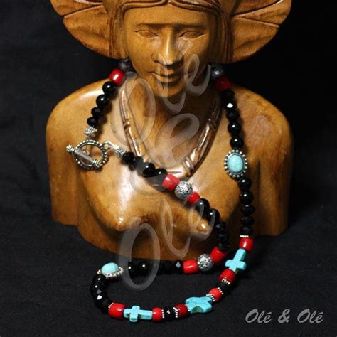 Black Crystal With Turquoise Red Coral Inserts By Oleyole