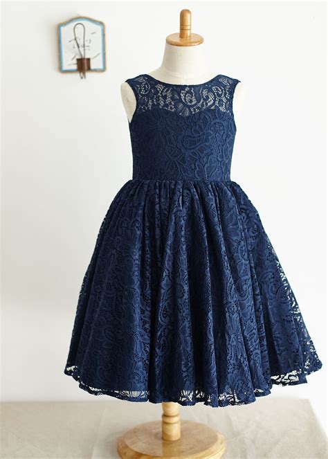 A Line Navy Blue Lace Flower Girl Dress With Navy Blue Bow