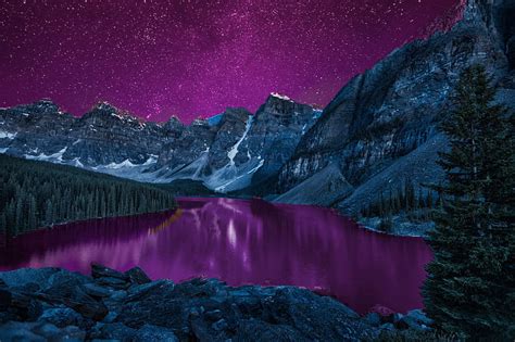 1080p Free Download Purple Night Lake Mountain Paint Star Hd