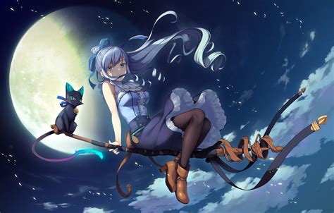 Wallpaper Cat Girl Night The Moon Witch Broom Anime Games Art