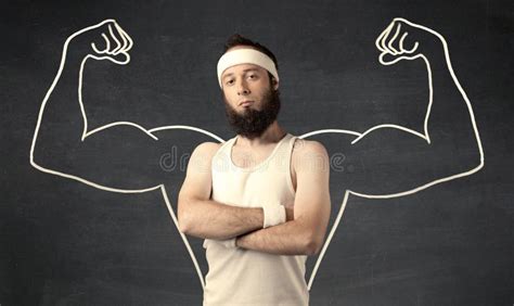 Young Weak Man With Drawn Muscles Stock Image Image Of Background
