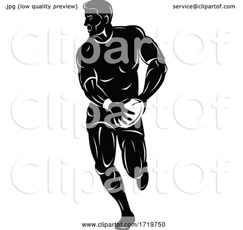 rugby player running passing ball viewed from front retro woodcut black and white by patrimonio