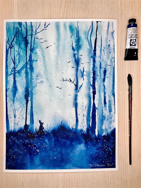 Mystical Blue Forest Winter And Snowing Aquarell Artfinder Watercolor