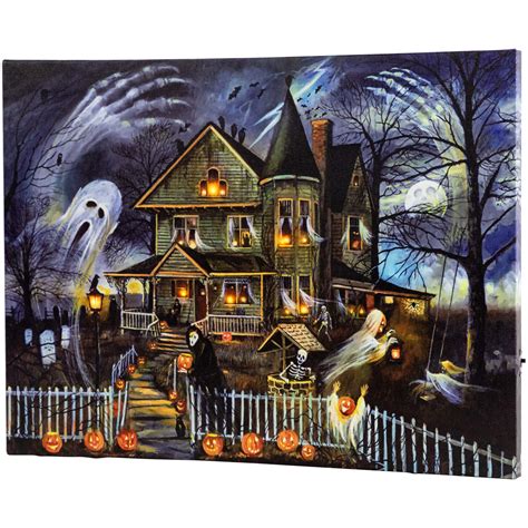 Small Led Lighted Creepy Haunted House Halloween Canvas Wall Art 12 X