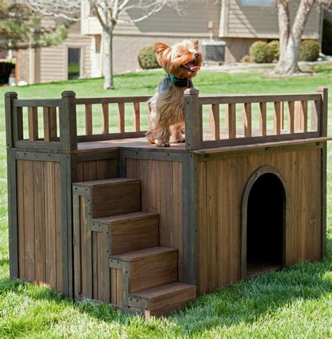 Wood Dog House Pet Kennel Small Shelter Deck Raised Floor Staircase