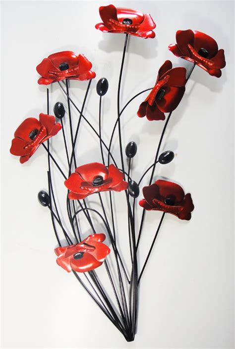 Metal Wall Art Poppy Flower Bunch Black Stems
