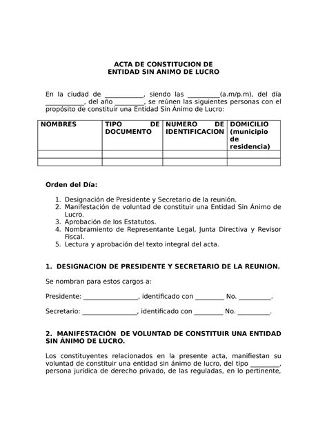 Modelo Acta De Constituci N De Fundacion Sin Animo De Lucro Acta De Constitucion De Entidad