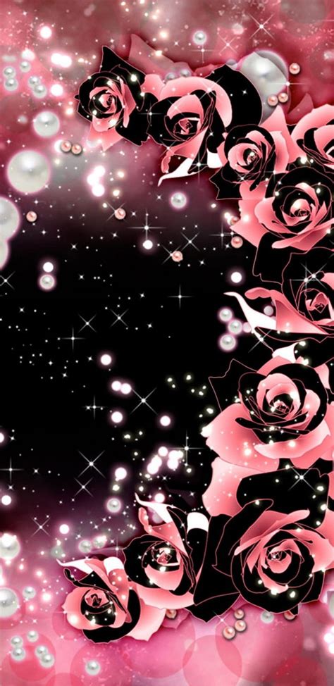 Swirling Roses Black Floral Flower Girly Glitter Pearls Pink