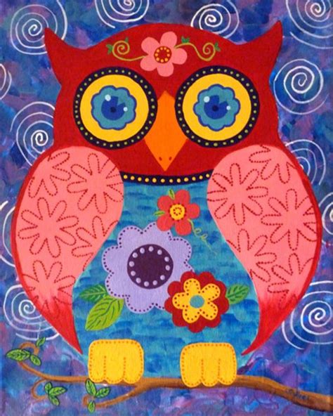 11 X 14 Original Painting Whimsical Folk Art Owl On Stretched Canvas