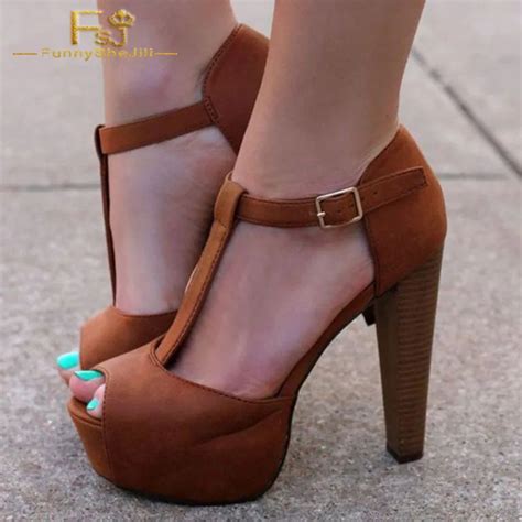 Fsj Women Shoes Ladies Pumps Brown T Strap Heels Peep Toe Platform