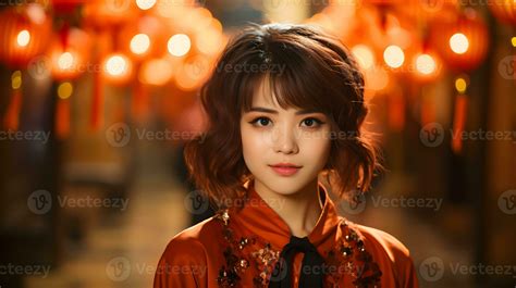 Ai Generated Beautiful Short Haired Asian Woman In Traditional Dress With Blurred Lantern