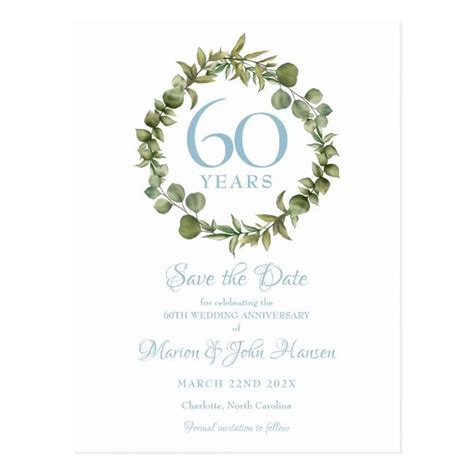 60th Anniversary Save The Date Greenery Floral Postcard In