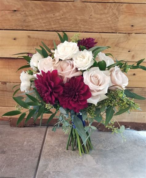 Burgundy Dahlias Quicksand Roses Ivory Spray Roses And Lush Assorted