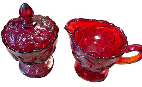 Fenton Red Inverted Strawberry Carnival Glass Cream And Sugar Set For Acga 1995 96 Ebay