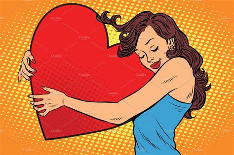 Beautiful Young Woman Hugging Valentine Heart Pre Designed
