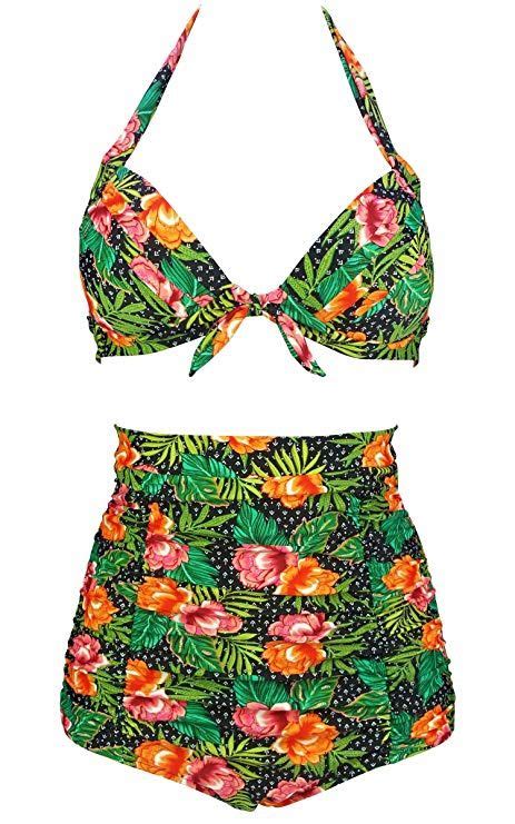 cocoship retro 50s black pink blue floral halter high waist bikini set halter carnival swimsuit