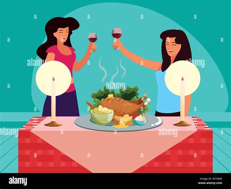 Thanksgiving Dinner Design With Cartoon Women Next To A Table With